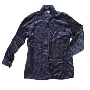 Vintage Savannah navy blue 1/4 button down mock neck cuff long sleeve blouse